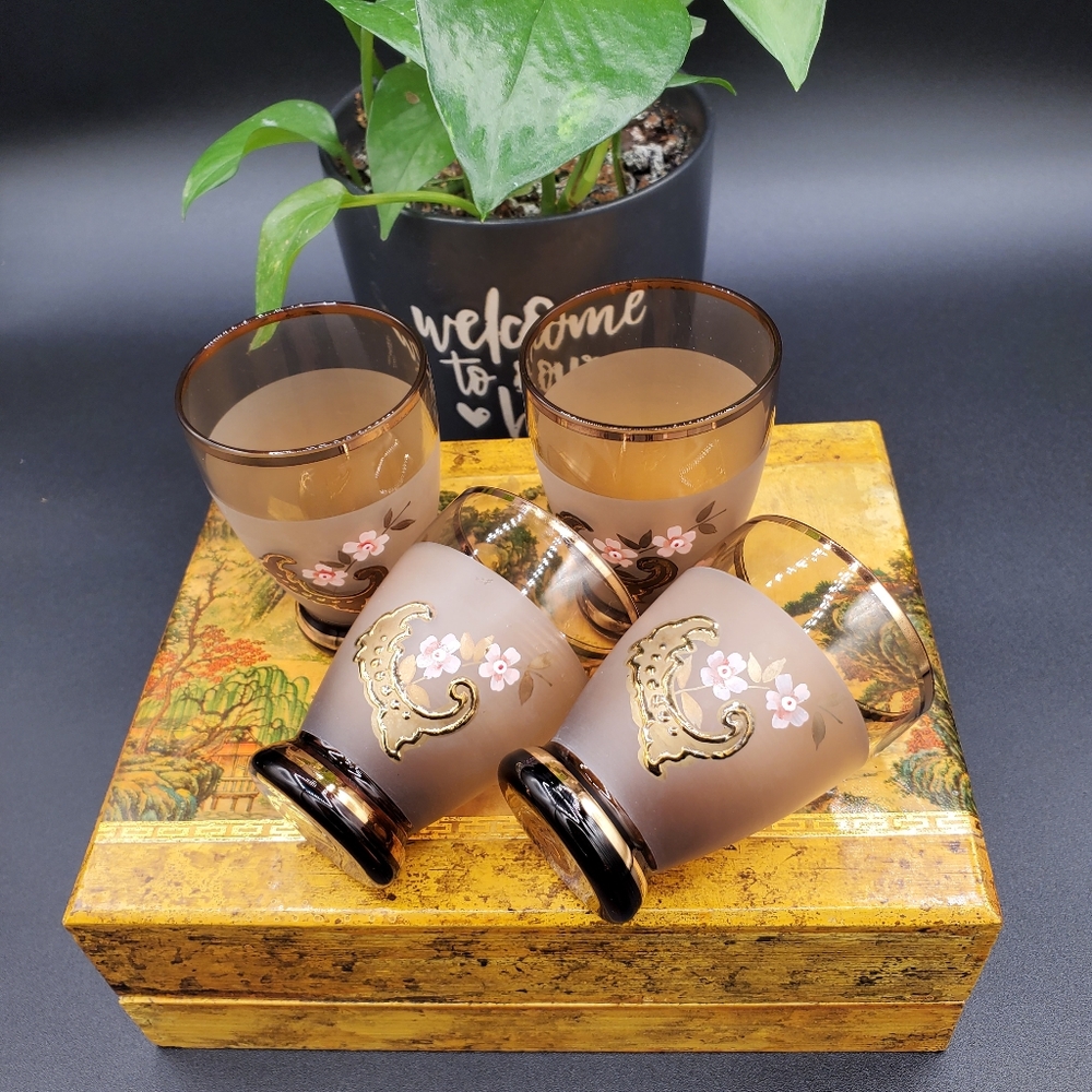 Vtg set of 4 Czech Bohemian Frosted Amber Moser Shot Glasses